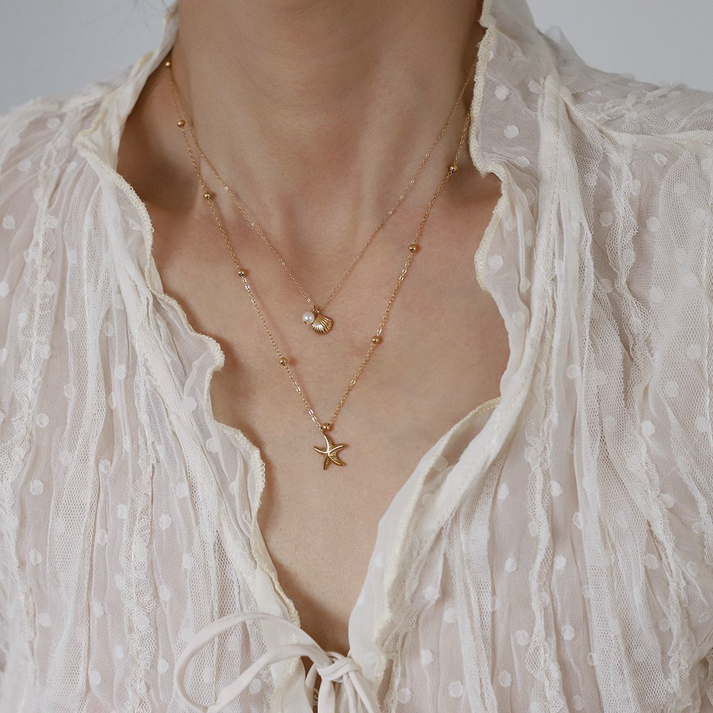 Layered Starfish And Shell Charm Necklace - Gold - 6