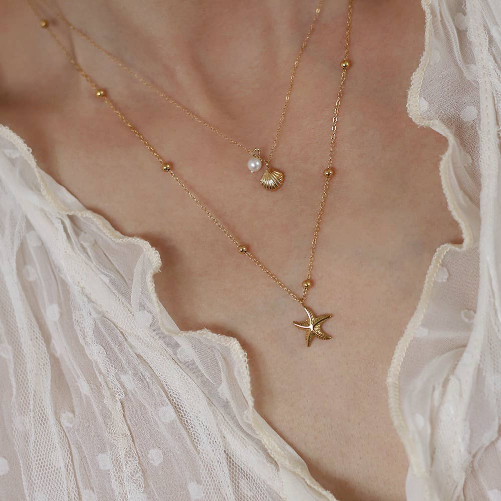 Layered Starfish And Shell Charm Necklace