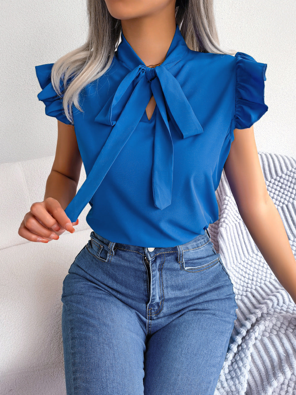 Bow Tie Neck Ruffle Sleeve Chiffon Blouse - Blue - 2