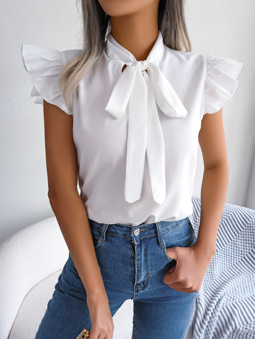 Bow Tie Neck Ruffle Sleeve Chiffon Blouse - White - 1