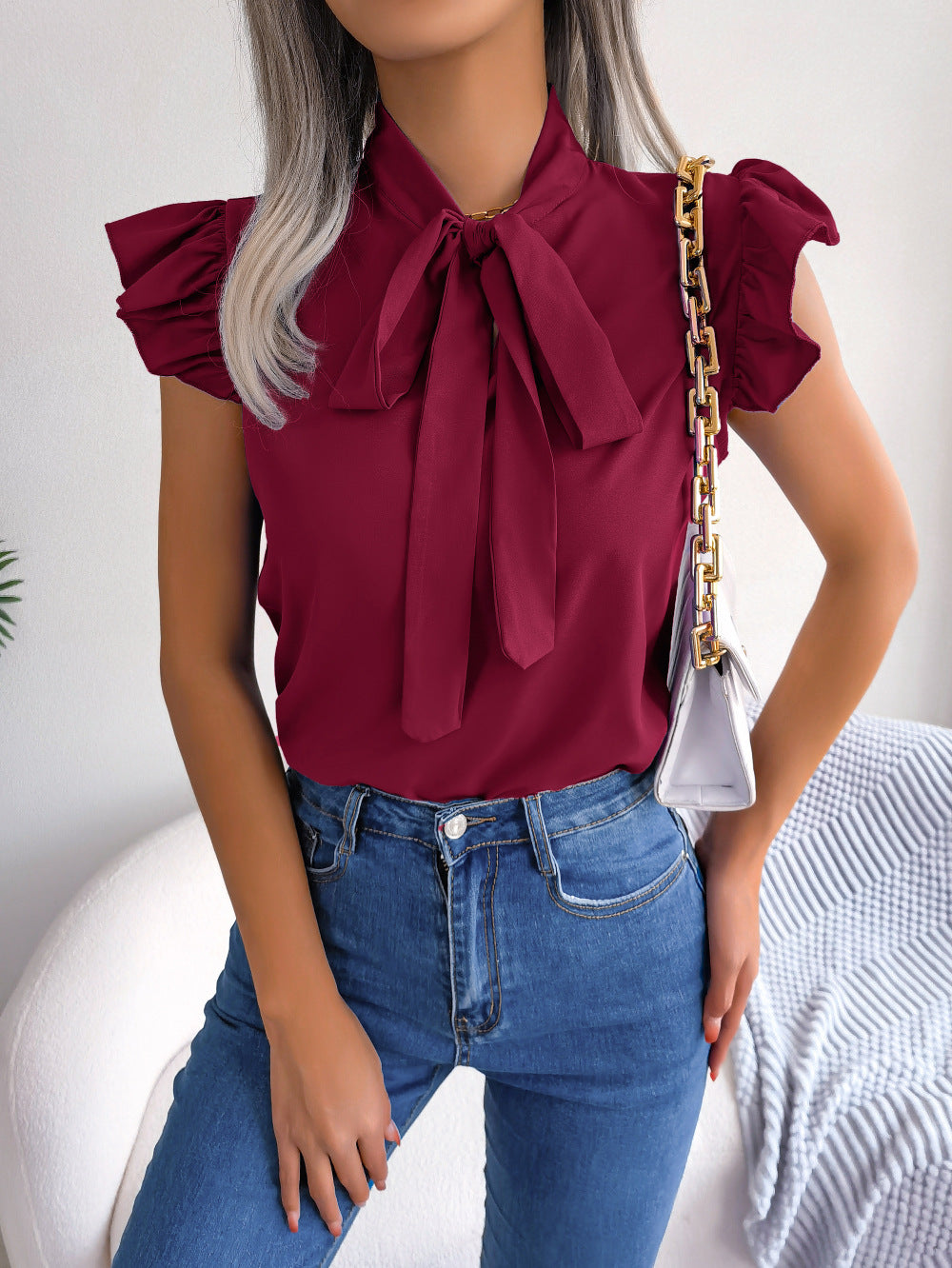 Bow Tie Neck Ruffle Sleeve Chiffon Blouse - Winered
