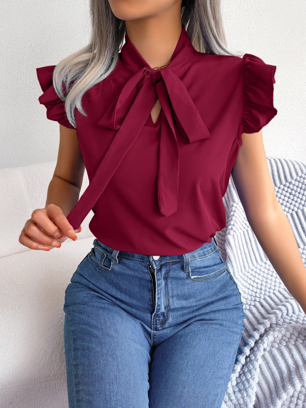 Bow Tie Neck Ruffle Sleeve Chiffon Blouse - Winered - 1