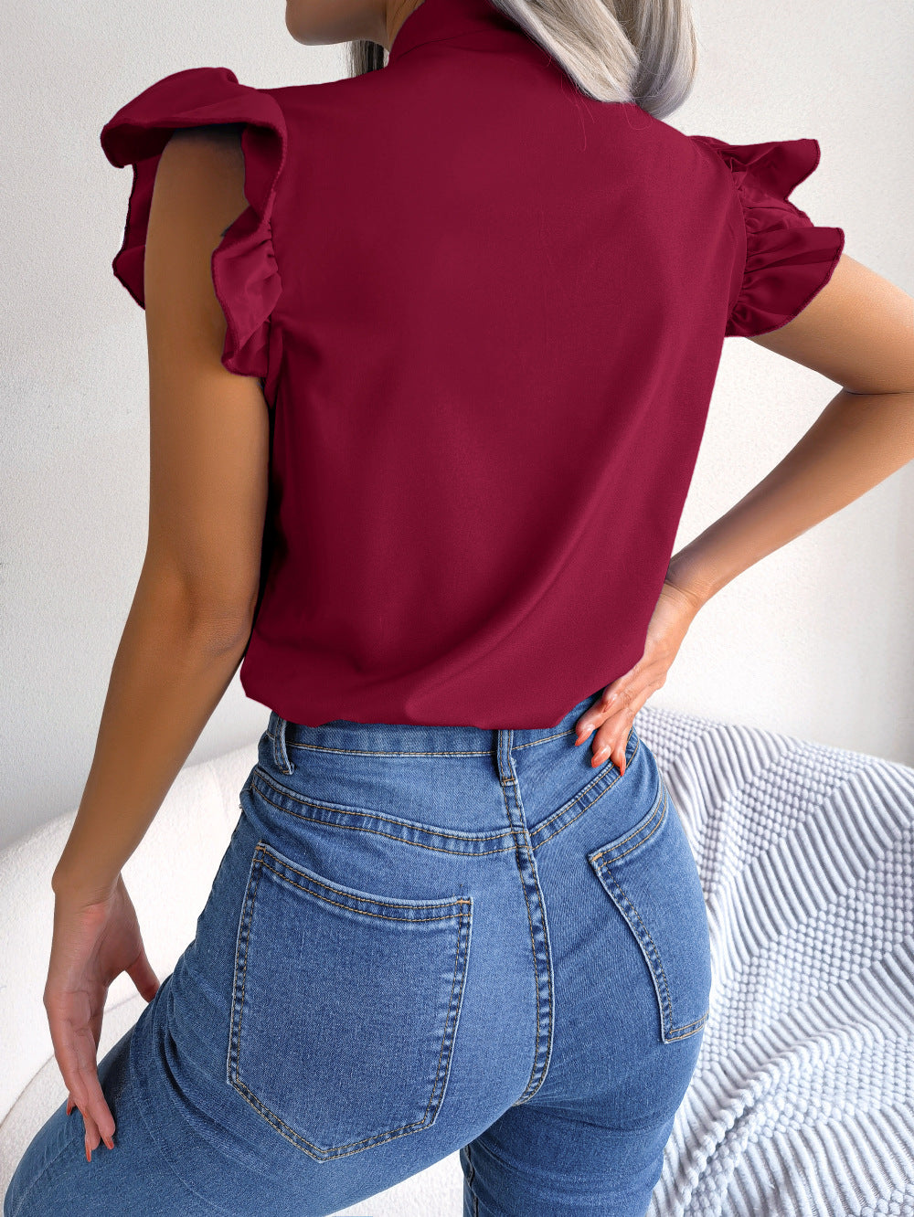 Bow Tie Neck Ruffle Sleeve Chiffon Blouse - Winered - 2