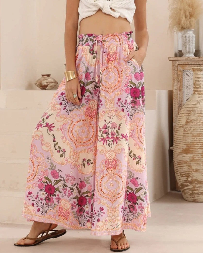 Floral Palazzo Pants With Smocked High Waist - Decor