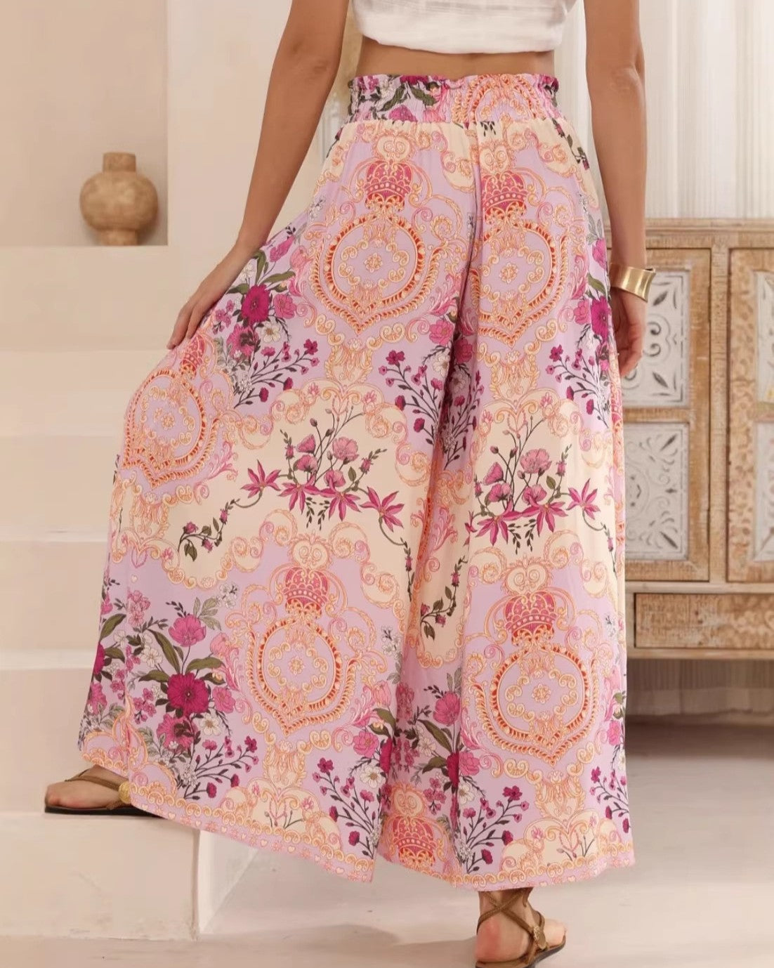 Floral Palazzo Pants With Smocked High Waist - Decor - 2