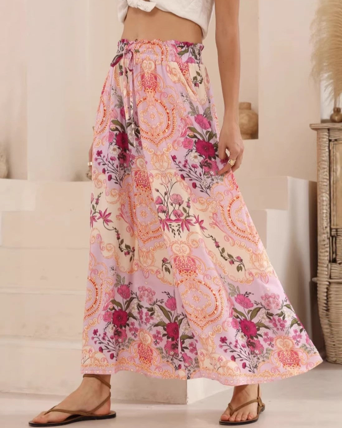 Floral Palazzo Pants With Smocked High Waist - Decor - 3