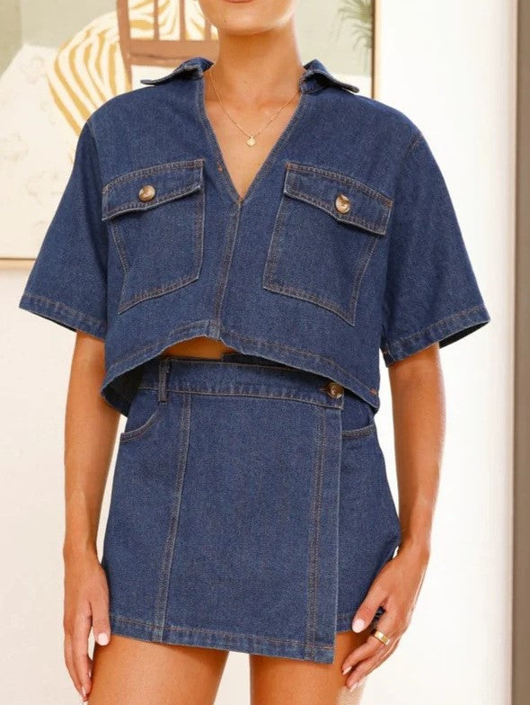 Collared Crop Top And Denim Shorts Set - Darkblue