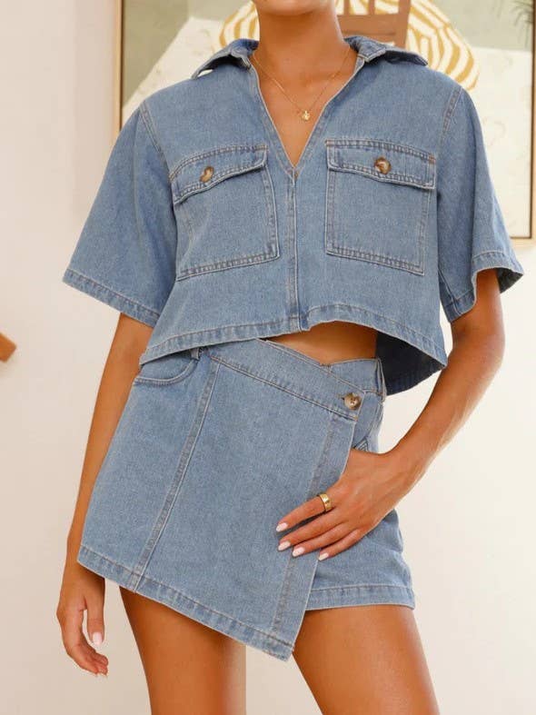 Collared Crop Top And Denim Shorts Set