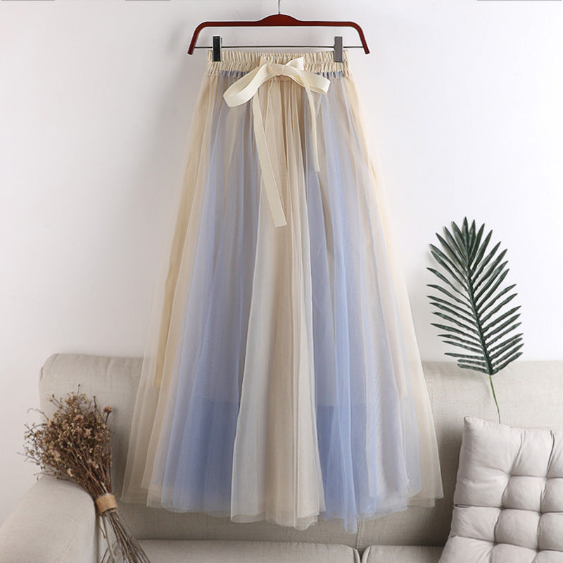 Two Tone Layered Tulle Midi Skirt - BlueBeige