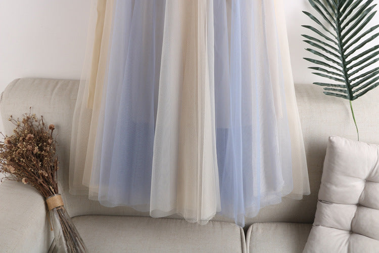 Two Tone Layered Tulle Midi Skirt - BlueBeige - 1