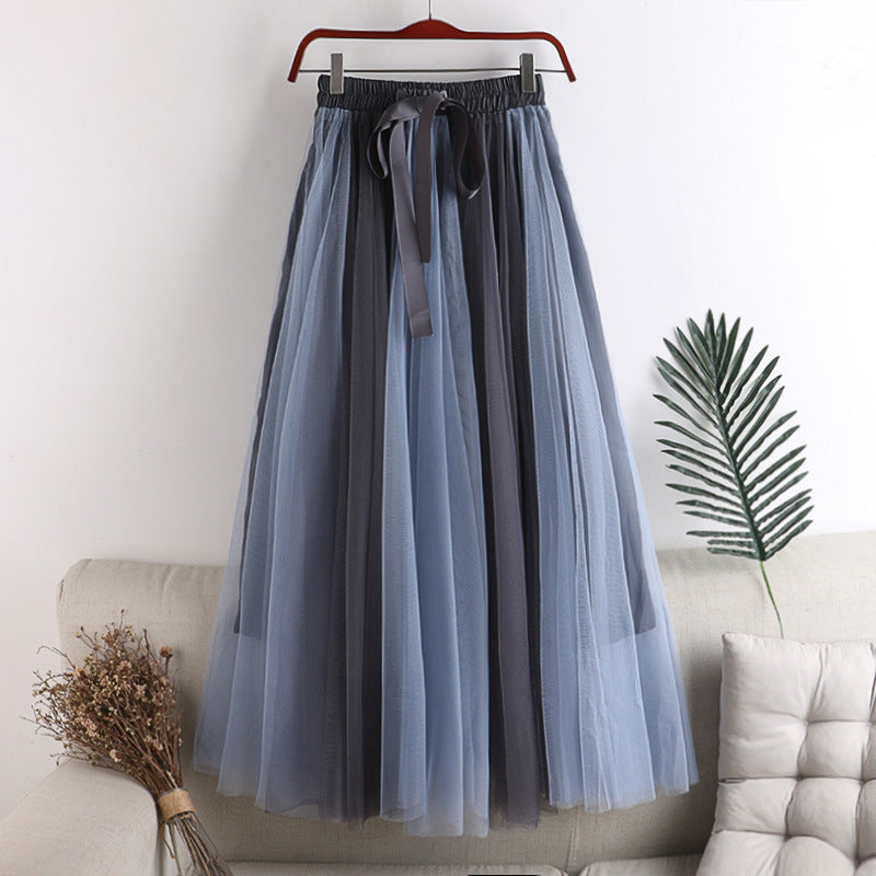 Two Tone Layered Tulle Midi Skirt - BlueGrey
