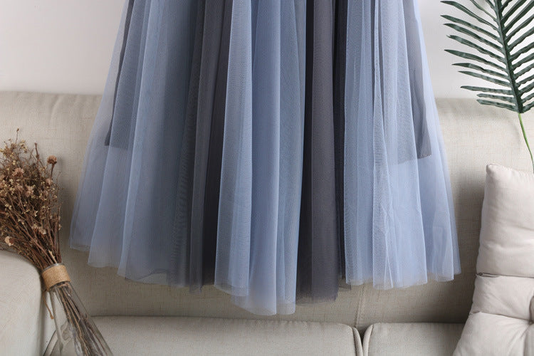 Two Tone Layered Tulle Midi Skirt - BlueGrey - 1