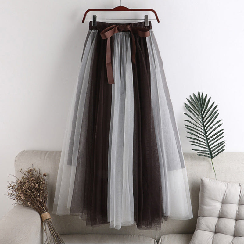 Two Tone Layered Tulle Midi Skirt - BrownWhite