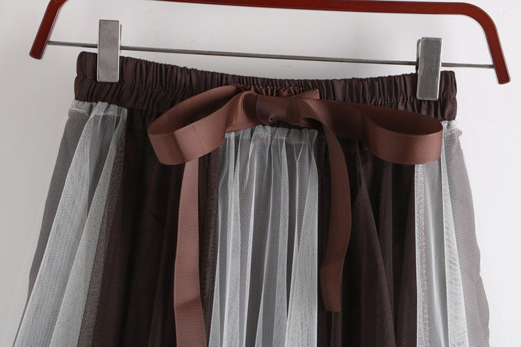 Two Tone Layered Tulle Midi Skirt - BrownWhite - 1