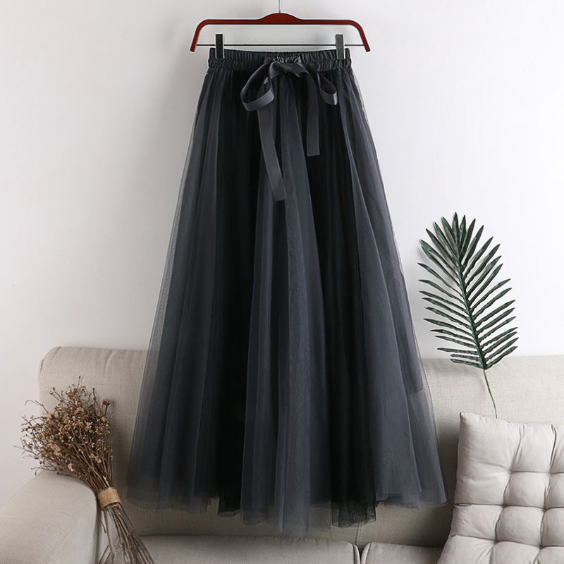 Two Tone Layered Tulle Midi Skirt - GreyBlack