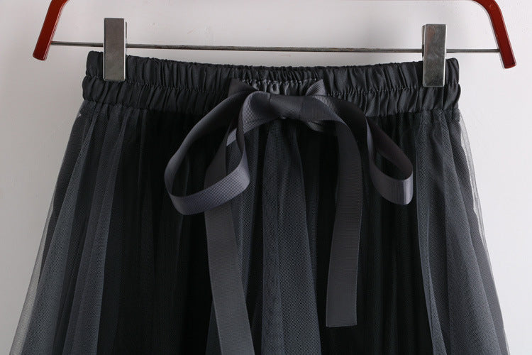 Two Tone Layered Tulle Midi Skirt - GreyBlack - 1