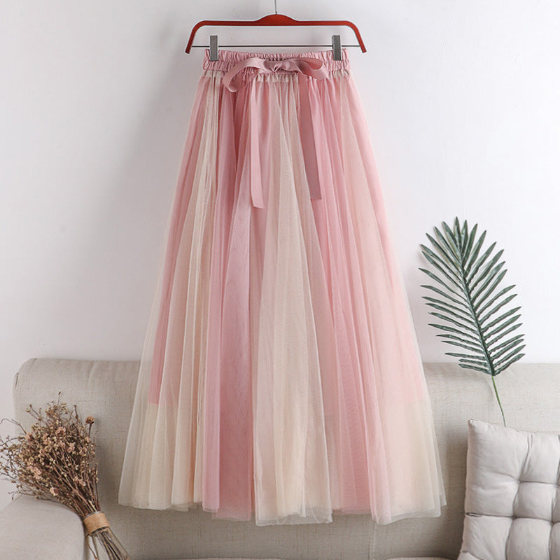 Two Tone Layered Tulle Midi Skirt - PinkBeige