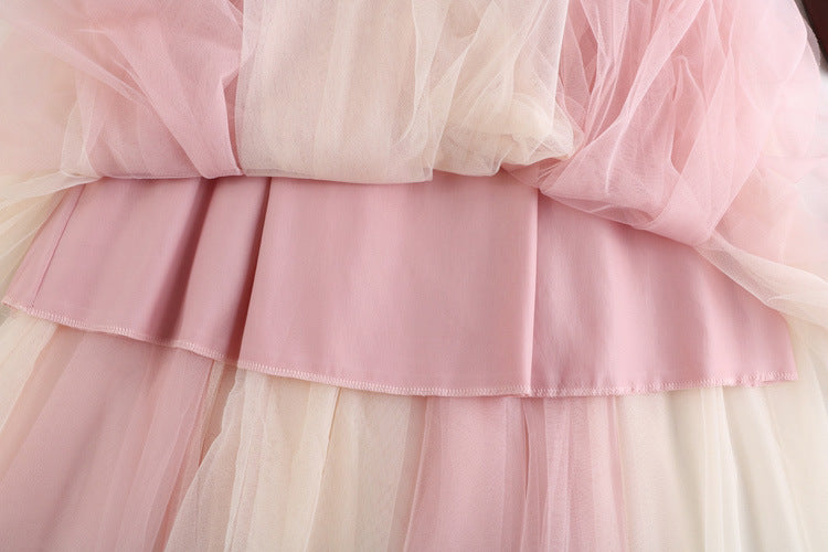 Two Tone Layered Tulle Midi Skirt - PinkBeige - 3