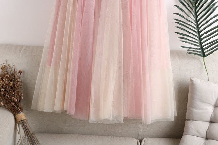 Two Tone Layered Tulle Midi Skirt - PinkBeige - 6