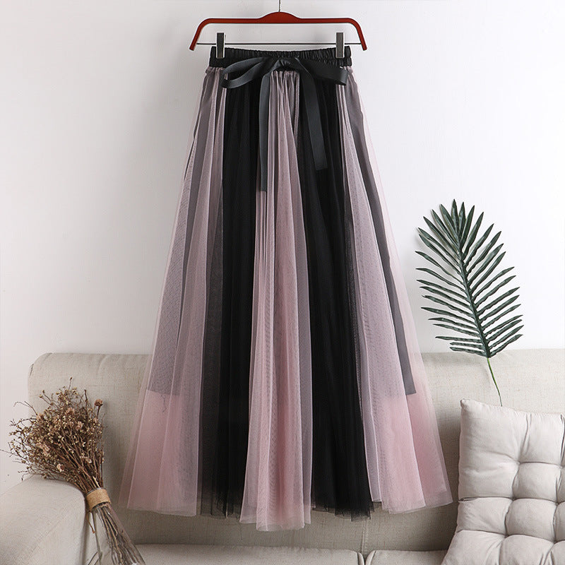 Two Tone Layered Tulle Midi Skirt - PinkBlack