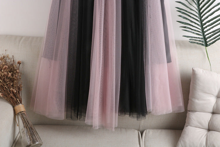 Two Tone Layered Tulle Midi Skirt - PinkBlack - 1