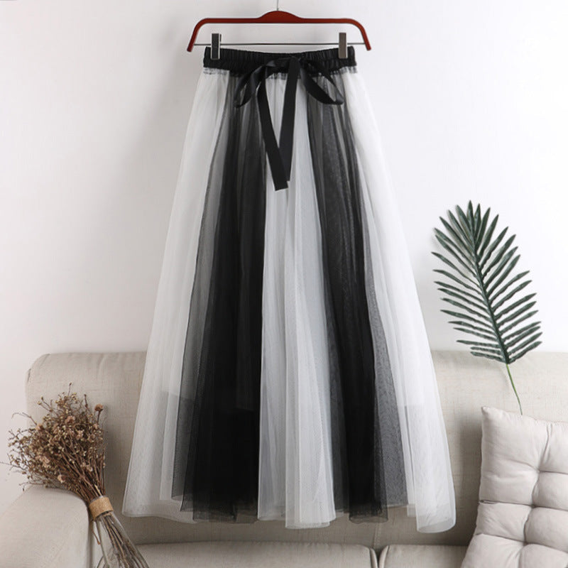 Two Tone Layered Tulle Midi Skirt - WhiteBlack