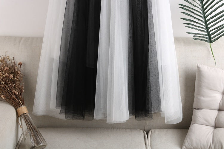 Two Tone Layered Tulle Midi Skirt - WhiteBlack - 3