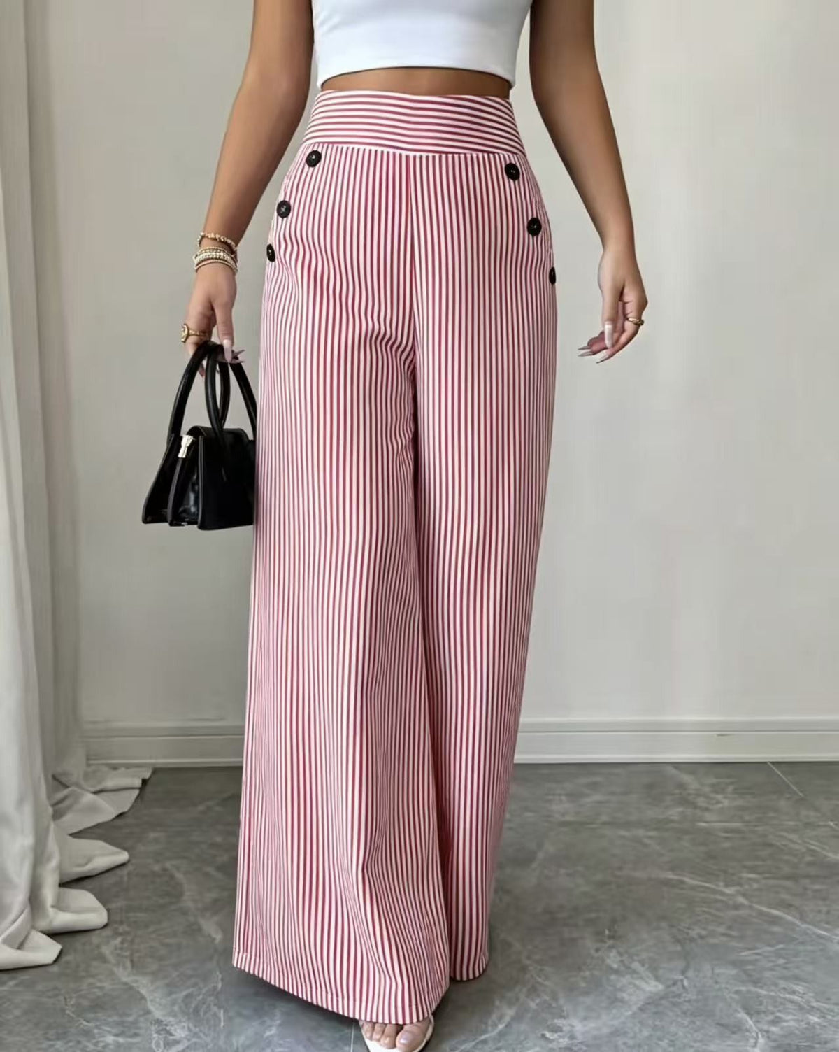 Striped High Waist Sailor Button Palazzo Pants - Red