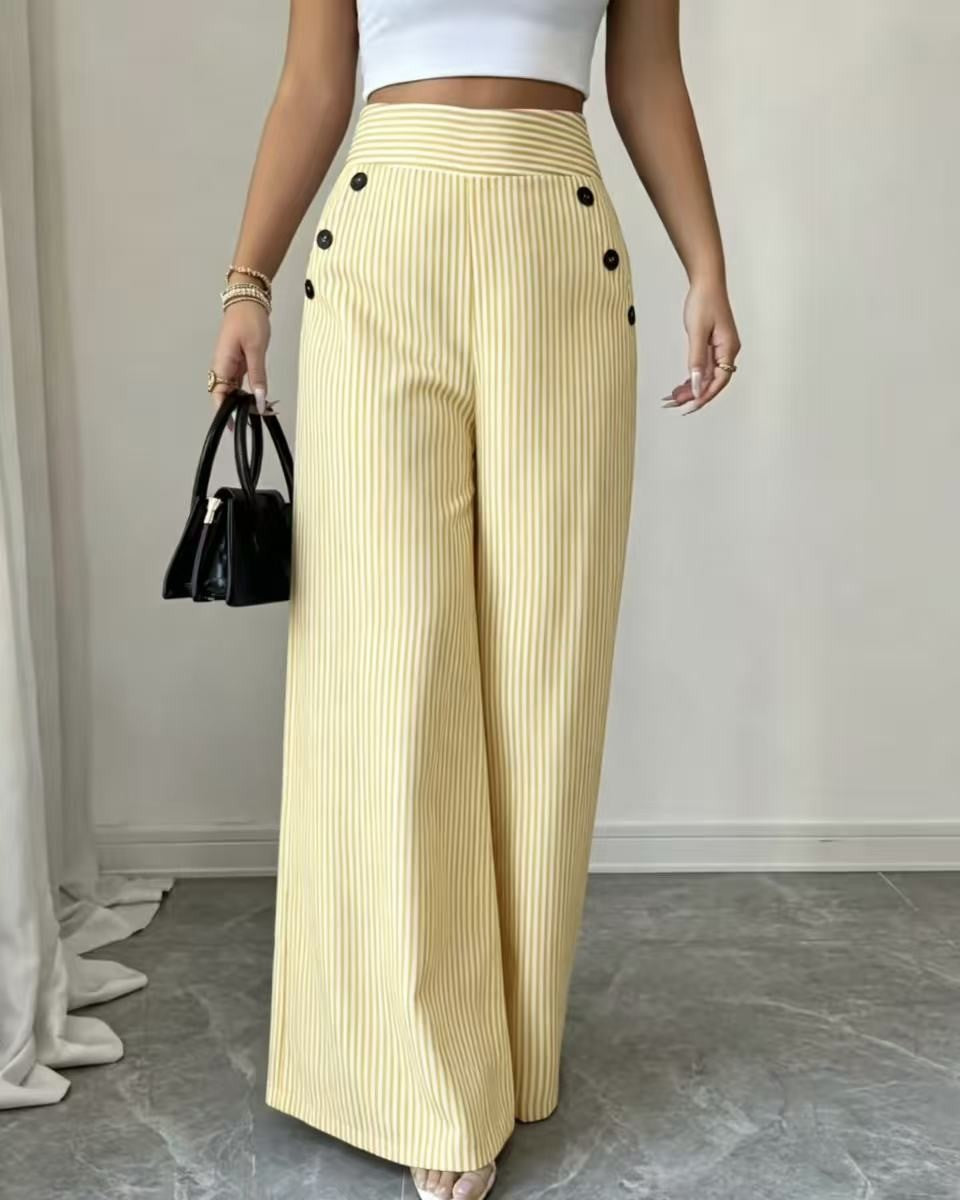 Striped High Waist Sailor Button Palazzo Pants - Yellow