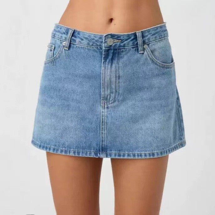 Five Pocket A-Line Denim Mini Skirt - Blue