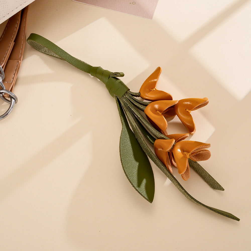 Faux Leather Floral Stem Keychain Charm - Caramel