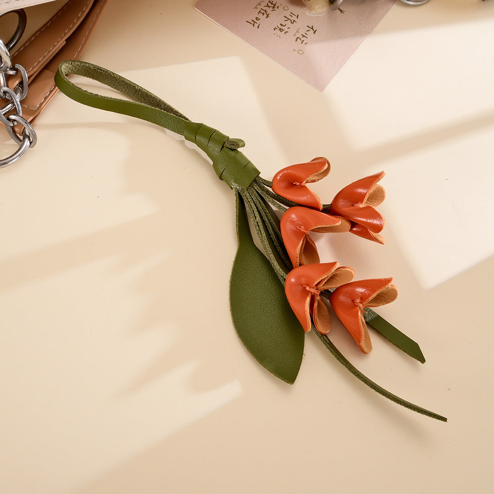 Faux Leather Floral Stem Keychain Charm - Orange