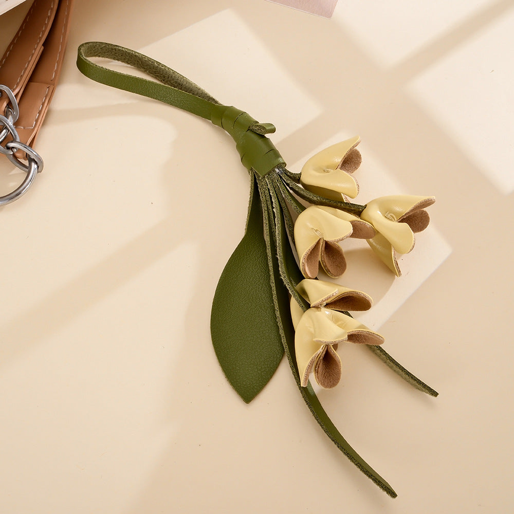 Faux Leather Floral Stem Keychain Charm - Yellow