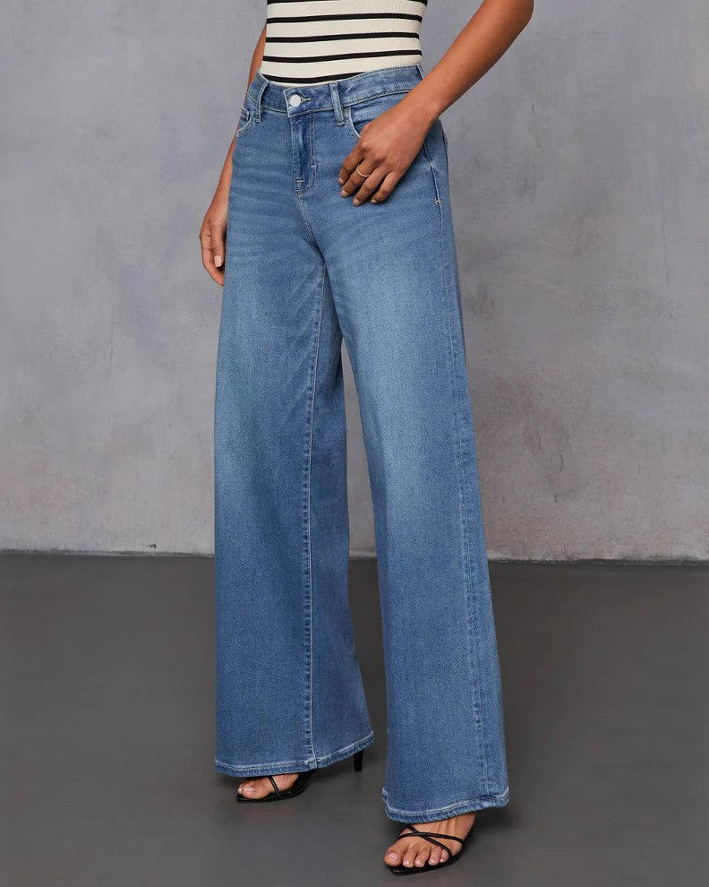 High Waist Wide Leg Floor Sweeping Jeans - Blue - 2