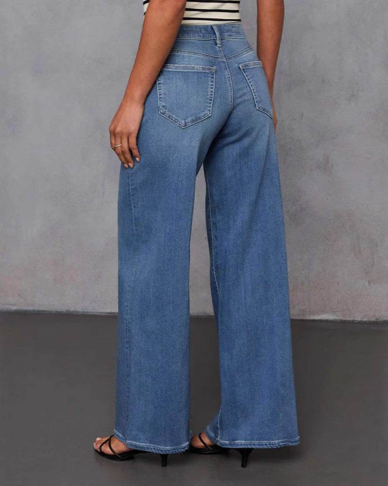 High Waist Wide Leg Floor Sweeping Jeans - Blue - 3