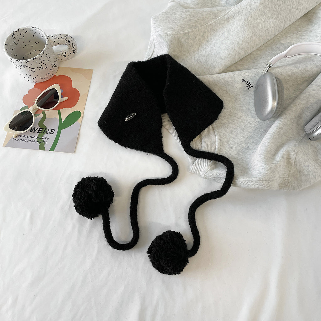 Fuzzy Knit Pom Pom Tie Ear Warmer - Black
