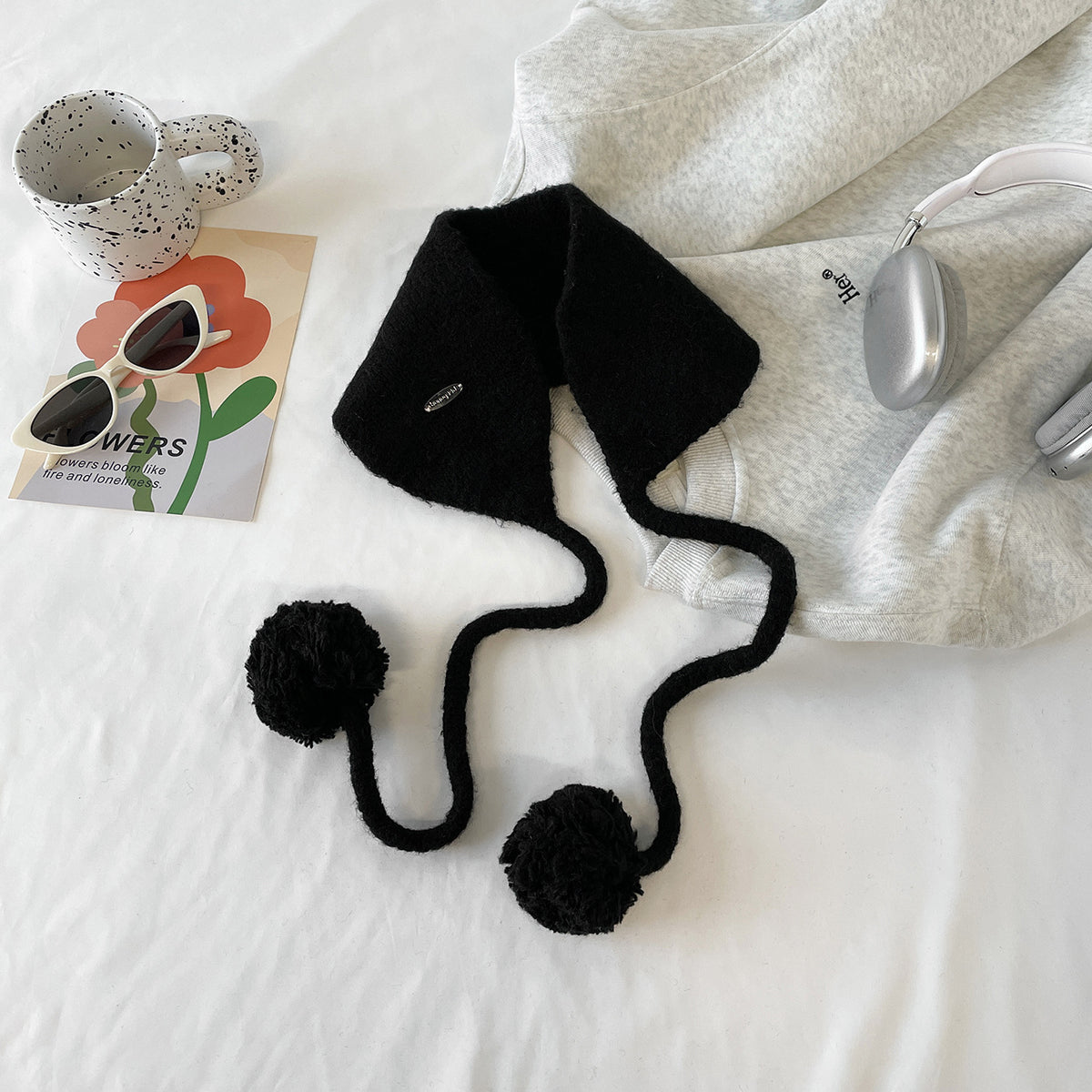 Fuzzy Knit Pom Pom Tie Ear Warmer - Black