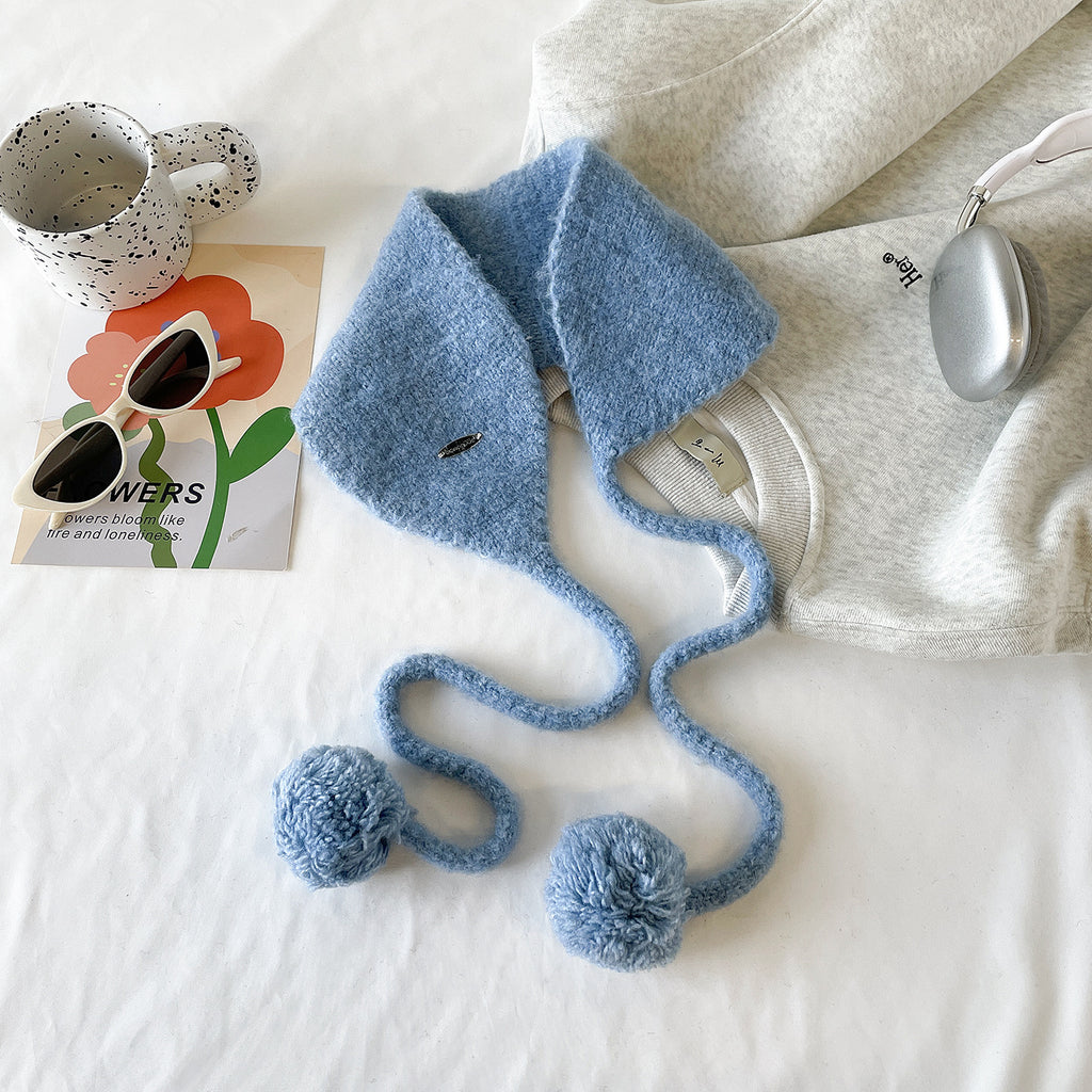 Fuzzy Knit Pom Pom Tie Ear Warmer - Blue