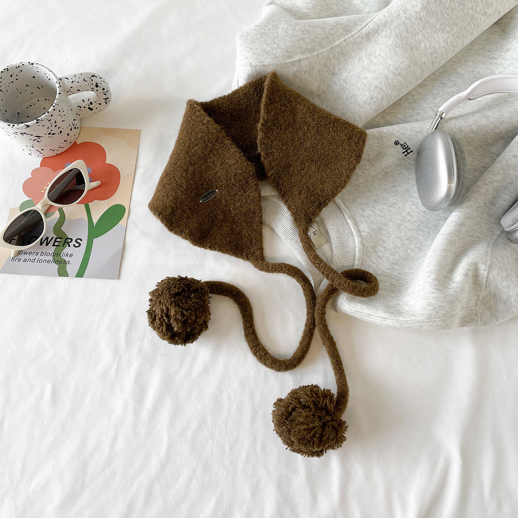 Fuzzy Knit Pom Pom Tie Ear Warmer - Coffee