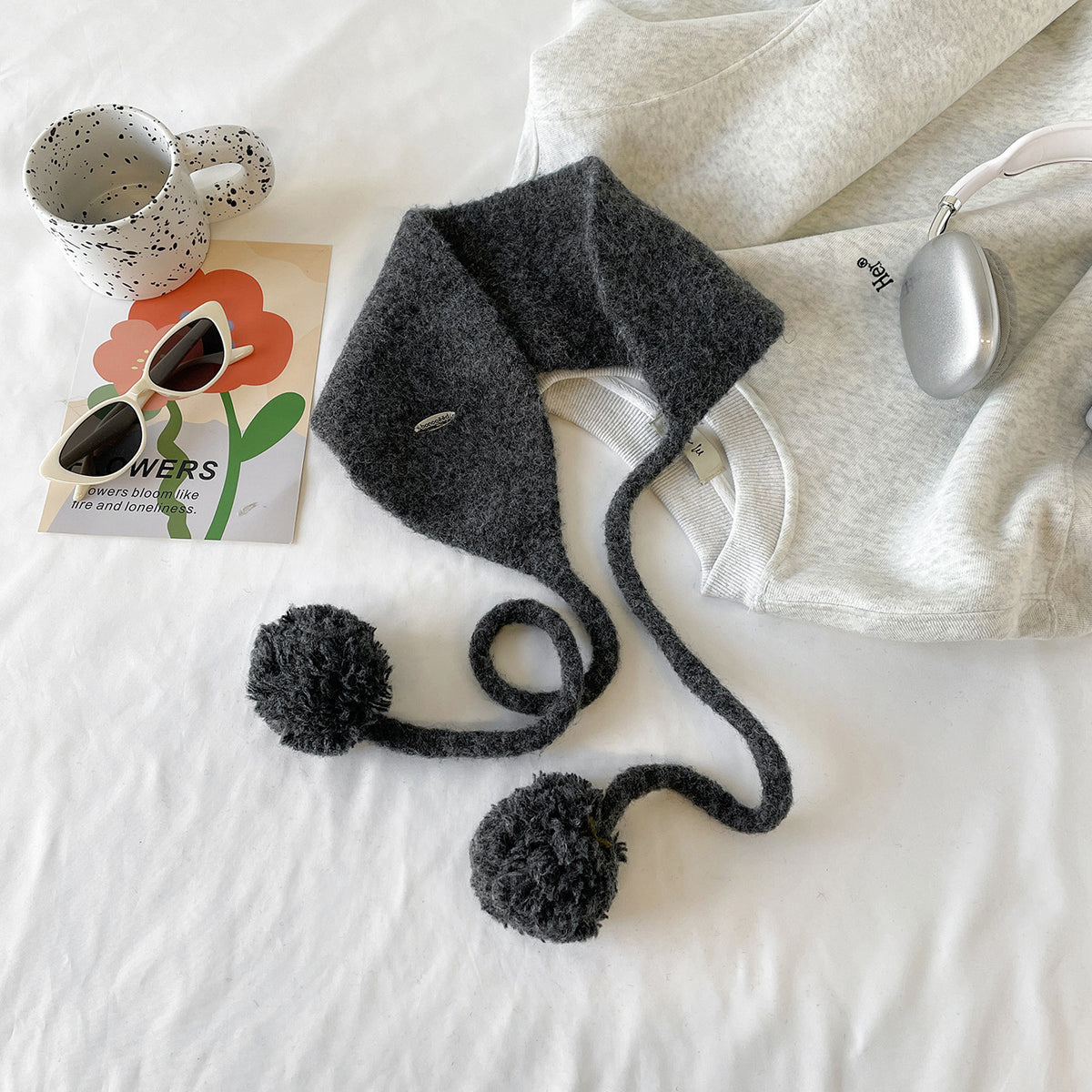 Fuzzy Knit Pom Pom Tie Ear Warmer - DarkGrey