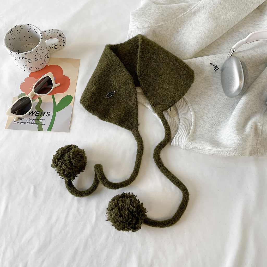 Fuzzy Knit Pom Pom Tie Ear Warmer - Olive