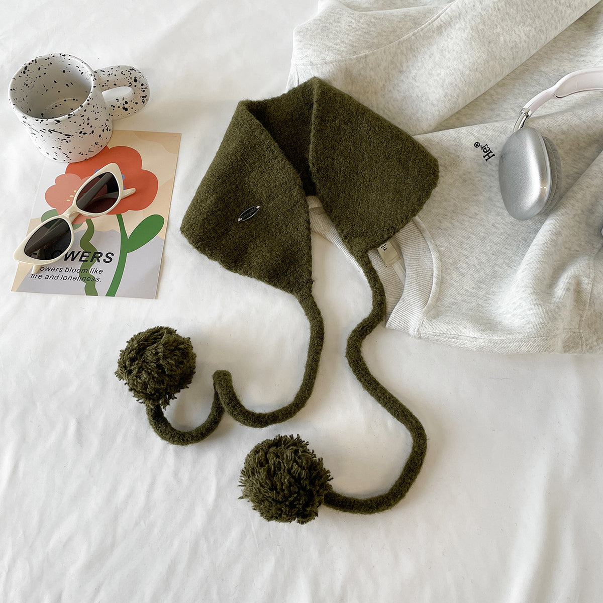 Fuzzy Knit Pom Pom Tie Ear Warmer - Olive