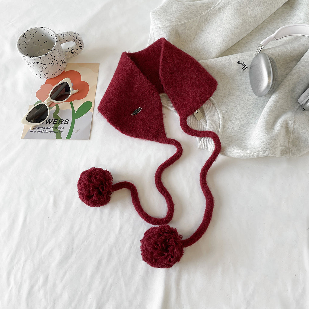 Fuzzy Knit Pom Pom Tie Ear Warmer - Red