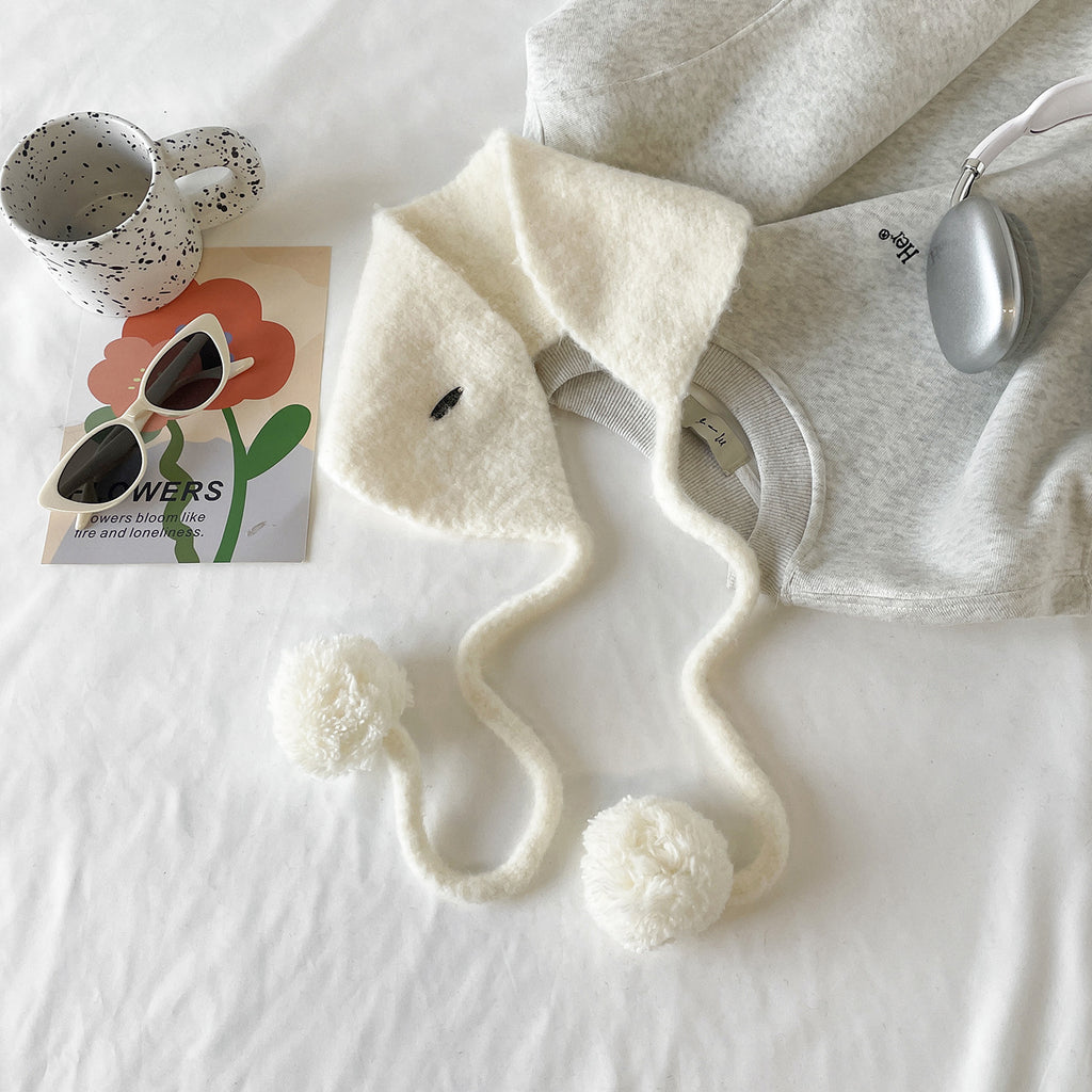 Fuzzy Knit Pom Pom Tie Ear Warmer - White