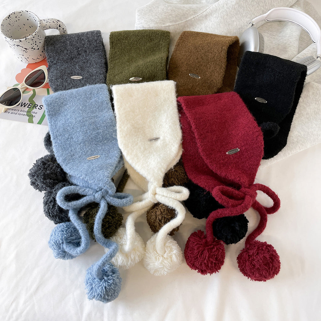 Fuzzy Knit Pom Pom Tie Ear Warmer