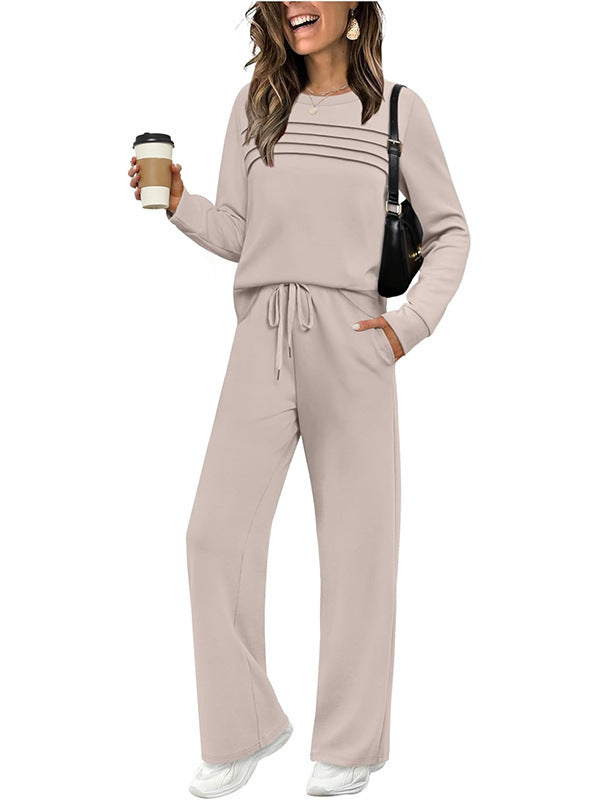 Ribbed Knit Pullover and Wide Leg Pants Set - Apricot