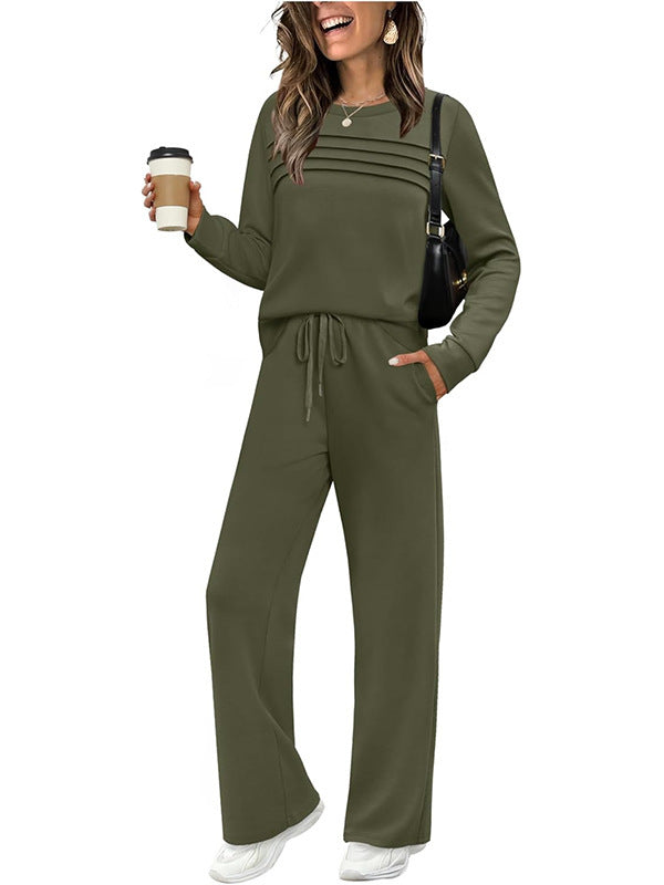 Ribbed Knit Pullover and Wide Leg Pants Set - ArmyGreen