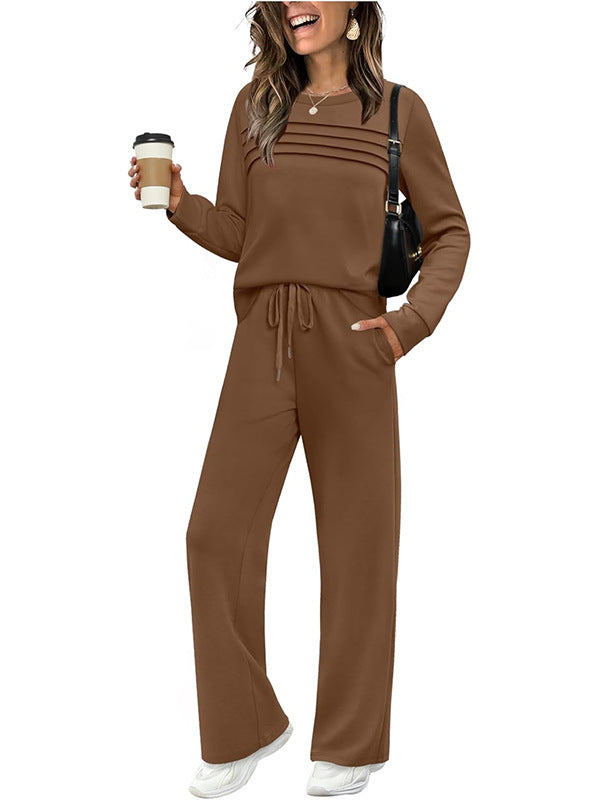 Ribbed Knit Pullover and Wide Leg Pants Set - Coffee