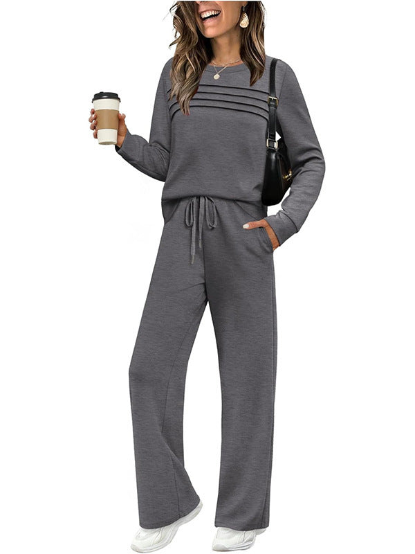 Ribbed Knit Pullover and Wide Leg Pants Set - DarkGray