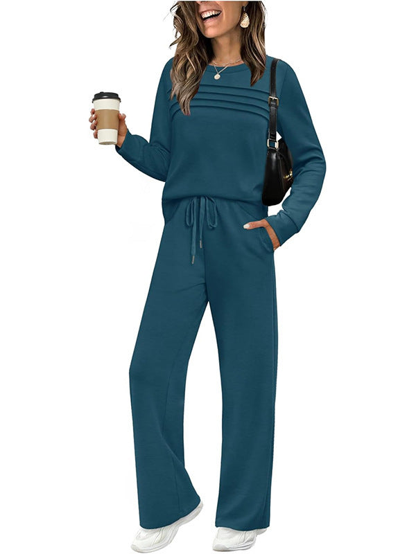 Ribbed Knit Pullover and Wide Leg Pants Set - Peacock
